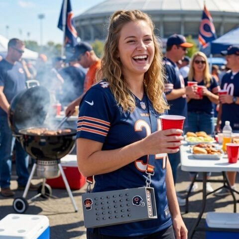 Laughing fan at a stadium tailgate wearing the Grater Purse crossbody with team charms