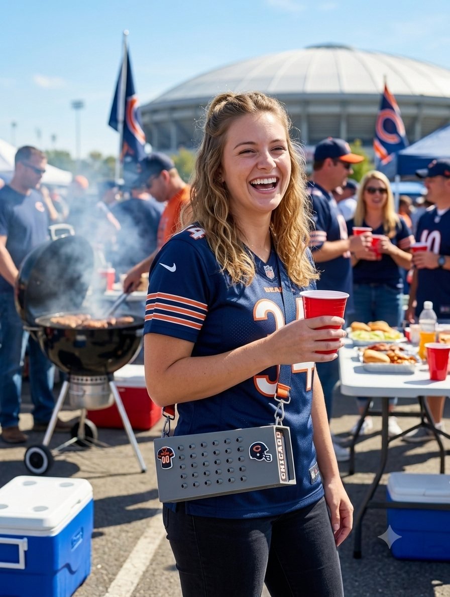 Laughing fan at a stadium tailgate wearing the Grater Purse crossbody with team charms
