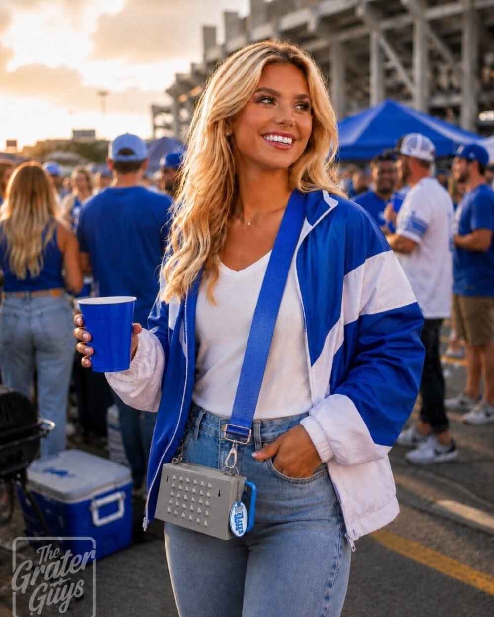 female lions fan wearing grater guys purse
