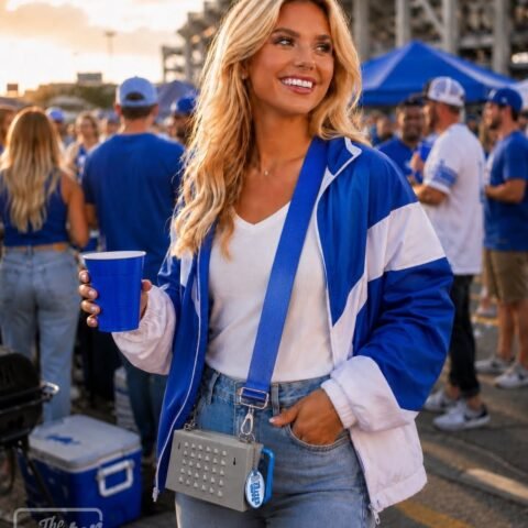 female lions fan wearing grater guys purse